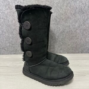 UGG Bailey Button Triplet II Womens Sz 7 Black Suede Tall Sheepskin Boots
